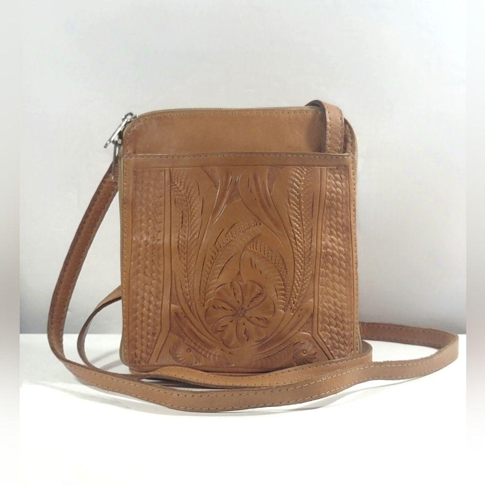 VTG Hand Tooled Leather Expanding Crossbody Purse Bag Lined Pockets Small
