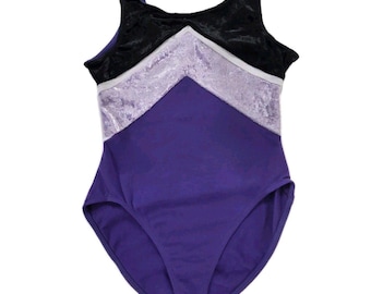 Gilda Marx Vintage 90s Crushed Velvet Cotton Colorblock V-shape Sleeveless Dance Leotard Adult XS (Y/J) Purple Black New with tags