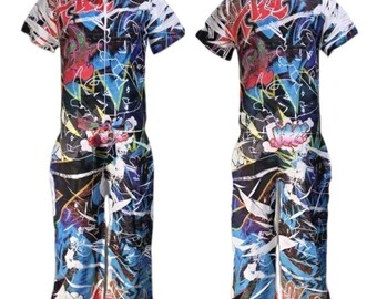 Y2K Funky Diva VTG Hip Hop Graffiti Jumpsuit Collared Short Sleeve Women's XS