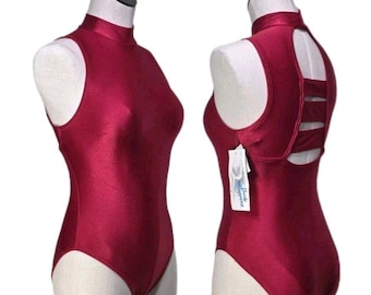 Body Wrappers Vintage 80s Open Back High Neck Turtleneck Dance Leotard Red AS Size Adult Small
