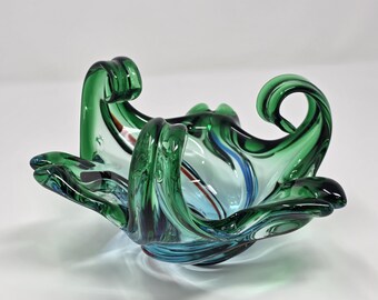 Vintage Murano Hand Blown Glass Art  Centerpiece Sculpture Bowl Six Sided Star Curvy Curled Floral Green Blue Red Asymmetrical 8 in x 5 in