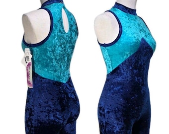 Gilda Marx VTG 90s High Neck Velvet Keyhole Biketard Unitard Dance Blue XS (Y/J)
