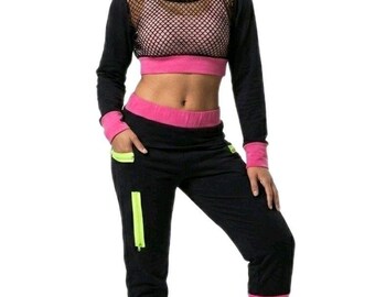 Funky Diva Y2K 2pc Dance Outfit Fishnet Crop Top Capri Jogger Neon Womens Size L