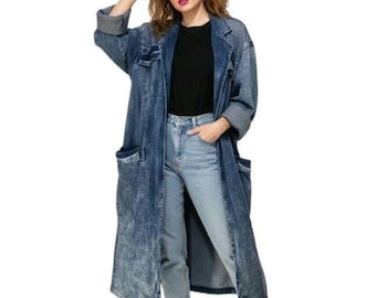 Matti O! Vintage 80s Acid Wash Denim Trench Coat Open Front Duster Women's Sz 16