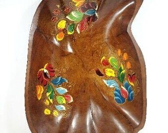 Large Vintage Mexican Asymmetrical Batea 16" Folk Art Hand Painted Carved Wooden Bowl Tray