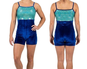 GK Elite Vintage Mystique Teal Blue Velvet Cami Biketard Unitard Size AL Adult Large