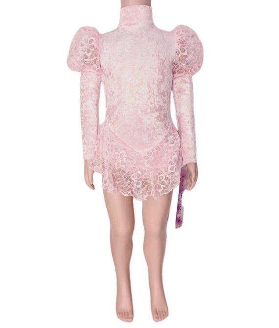 Gilda Marx Vintage High Neck Velvet Lace Keyhole Pink Leotard Dance Skate Dress Size Y/J (XS)