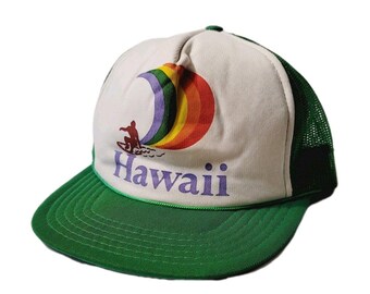 VTG 80s Hawaii Rainbow Surf Adult Snap Back Trucker Hat Mesh Green White Tourist