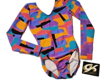 GK Elite Vintage Memphis-inspired Colorblock Long Sleeve Cotton Leotard Bodysuit AS Adult S