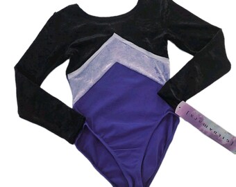 Gilda Marx Vintage Crushed Velvet Cotton Long Sleeve Colorblock V-shape Dance Leotard Adult XS (Y/J) Purple Black NWT