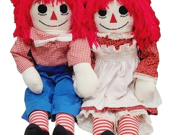 Vintage Raggedy Ann & Andy Cloth Plush Dolls Life Size 33" Handmade Clothes