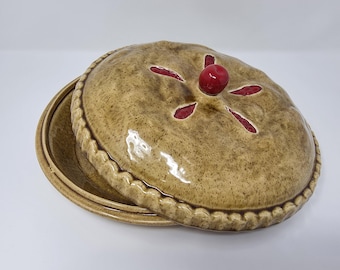 Vintage Cherry Pie Holder with 3D Decorative Lid 1980s Ceramic Serving Entertaining Dish