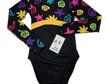 Body Wrappers Vintage 80s Open Back Long Sleeve Colorful Leotard Dance Size Preteen NWT Stars Squiggles Swirls Colorblock Black
