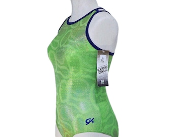 GK Elite Vintage Lime Green Metallic Holographic Logo Dance Cami Leotard AL Adult Large 1992