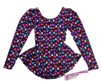 Gilda Marx Vintage 90s Hearts Galore Black Long Sleeve Skirted Leotard Dress Adult Size XS (Y/J) New with tags
