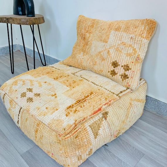 Neutral Moroccan Floor Cushion Couch, Unstuffed Pouf, Vintage Rug