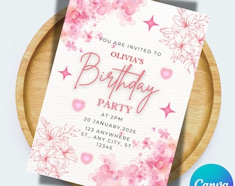 Hot Pink Floral Birthday Invitation Template (Digital Download)
