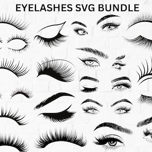 Può includere: Disegni di ciglia in bianco e nero in vari stili, inclusi occhi aperti e chiusi, con il testo "EYELASHES SVG BUNDLE" in alto. L'immagine presenta una collezione di illustrazioni di occhi e ciglia.