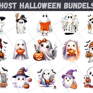 Könnte beinhalten: Eine Sammlung von Cartoon-Geister-Illustrationen mit Halloween-Themen. Jeder Geist ist weiß und hat verschiedene Accessoires, darunter Hexenhüte, Kürbisse und Getränke. Der Text "GHOST HALLOWEEN BUNDELS" steht oben.