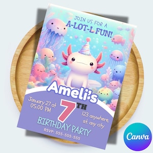 Pink Axolotl Birthday Invitation: Editable Party Invite (PDF)