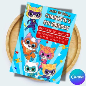 Girl Super Kitties Birthday Invitation Template Super Kitties Invitation Digital Cat Girl Invite Template Kitty Cat Party Invite