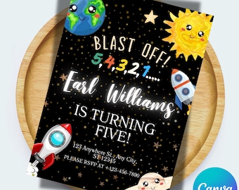 May include: A black and gold space-themed birthday invitation with a rocket, planets, and stars. The text reads "Blast Off! 5,4,3,2,1... Earl Williams is turning five!"