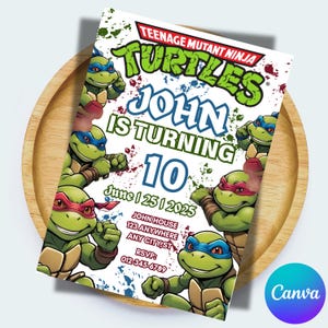 Convite de aniversário das Tartarugas Ninja – Modelo Canva editável para uma festa divertida das Tartarugas Ninja Cartão de convite digital ou para impressão Festa Ninja