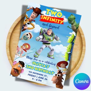 May include: A blue and yellow birthday invitation featuring characters from the Toy Story movie franchise. The invitation reads "Two Infinity and beyond" and "Olivia's 2nd Birthday".