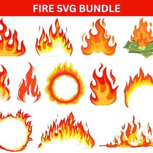 May include: A set of illustrated flames in red, orange, and yellow. The designs include various flame shapes, a fire ring, and flames above money. The text "FIRE SVG BUNDLE" is displayed at the top in a red banner.