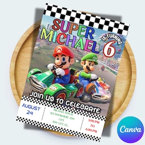 Convite de aniversário de Mario Kart | Convite de aniversário de Mario | Cartão com tema de festa de aniversário de Mario | Convite digital | Convite de aniversário infantil 5x7