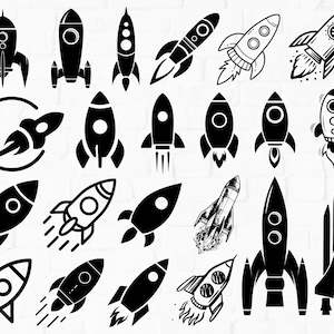 May include: A collection of black and white rocket ship illustrations in various designs. Some rockets have flames, others have windows, and some are in motion. The image is suitable for space-themed crafts or designs.
