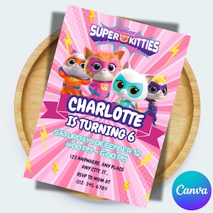 Mädchen Super Kitties Geburtstagseinladungsvorlage Super Kitties Einladung Digitale Katze Mädchen einladen Vorlage Kitty Cat Party einladen