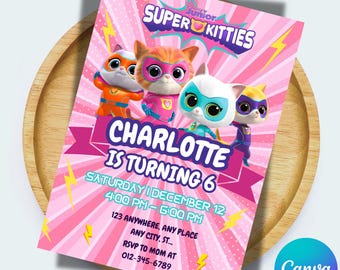 Girl Super Kitties Birthday Invitation Template Super Kitties Invitation Digital Cat Girl Invite Template Kitty Cat Party Invite