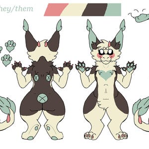 Peut inclure: Illustration d'un personnage nommé Mochi, en vue de face, de dos et de côté. Le personnage est une créature poilue avec une palette de couleurs crème, marron et sarcelle. Le personnage a des ailes, un cœur sur la poitrine et une queue avec des accents roses. Le texte "Mochi they/them" est en haut.