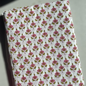 Floral Indian Hand Block Print Cotton Fabric: White, Pink, Green