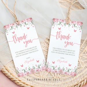 Etiquetas de regalo de mariposa editables Etiquetas de agradecimiento de mariposa Jardín floral de mariposa Etiquetas de regalo de mariposa rosa Niña revoloteando Descarga instantánea