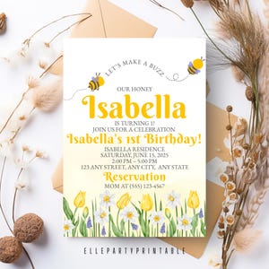 Editable Bee First Birthday Invitation 1st Bee Day Invitation Boho Floral Birthday Invitation 1st Bee Day Invite Instant Download