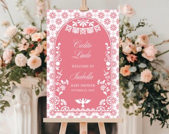 Pink Cielito Lindo Baby Shower Sign Talavera Baby Shower Sign White and Barro Welcome Sign Template Papel Picado Baby Shower Welcome Sign