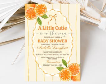 May include: Baby shower invitation with orange slice illustrations and the text "A Little Cutie is on the way." The invitation has a light yellow background with vertical stripes and a decorative border.