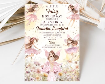 May include: A baby shower invitation with a fairy theme. The invitation features illustrations of fairies in pink dresses and wings, with the text "A Little Fairy Is On Her Way." The invitation includes the name Isabella Langford, date, time, and RSVP information.
