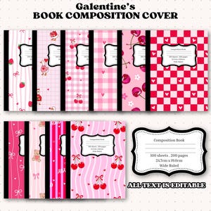 Puede incluir: Una colección de cubiertas de cuadernos de composición rosas con varios patrones, incluyendo fresas, cerezas y corazones. El texto "Galentine's BOOK COMPOSITION COVER" está en la parte superior. Cada libro tiene una etiqueta con detalles. El texto "ALL TEXT IS EDITABLE" está en la parte inferior.