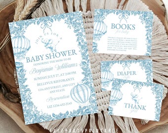 Editable Boy Toile de Jouy Baby Shower Invitation Bundle Toile de Jouy Safari Chinoiserie Invitation Toile Boy Junglebaby Shower