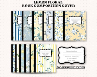 Lemon Floral Composition Notebook Cover Design Template, Custom School Supply, Composite Notebook, Notebook Sublimation