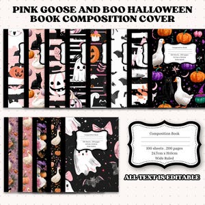 Könnte beinhalten: Notizbuchumschläge mit Halloween-Motiv. Designs umfassen Kürbisse, schwarze Katzen, Geister und Gänse. Die Umschläge sind rosa, schwarz und weiß. Der Text auf dem Umschlag lautet "Pink Goose and Boo Halloween Book Composition Cover". Das Buch hat 100 Blatt, 200 Seiten und misst 24,7 cm x 19,0 cm.