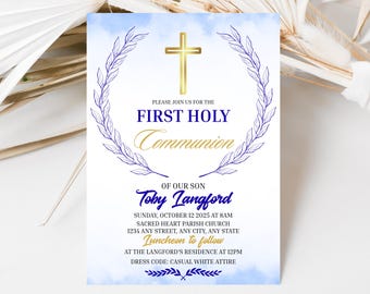 Invitación de comunión para niños. Invitación de primera comunión azul y dorada. Invitación de comunión azul polvoriento. Descarga instantánea.