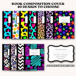 May include: A collection of composition books with various colorful covers. Designs include leopard print, hearts, stars, and abstract patterns. The text "BOOK COMPOSITION COVER 40 DESIGN TO CHOOSE" is at the top. Each book is 9.7 inches x 7.5 inches.