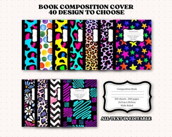 May include: A collection of composition books with various colorful covers. Designs include leopard print, hearts, stars, and abstract patterns. The text "BOOK COMPOSITION COVER 40 DESIGN TO CHOOSE" is at the top. Each book is 9.7 inches x 7.5 inches.