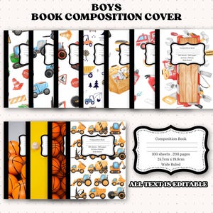 Puede incluir: Cubiertas de cuadernos de composición con varios diseños, incluyendo vehículos de construcción, herramientas y balones de baloncesto. El texto "BOYS BOOK COMPOSITION COVER" está en la parte superior. Cada libro tiene una etiqueta con el texto "Composition Book", 100 hojas, 200 páginas, 24,7cm x 19,0cm y "Wide Ruled".