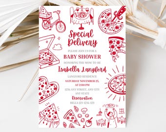 Pizza-Babyparty-spezielle Lieferung Babyparty-Scheiben-Scheiben-Baby-Hand gezeichnete italienische Pizza unter dem Motto Babyparty Ciao-Baby-Pizza und Schnuller-Rot