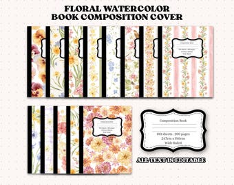 Modello di copertina per composizione floreale ad acquerello Modello di composizione modificabile Libro di composizione Copertina per quaderno di composizione Download immediato